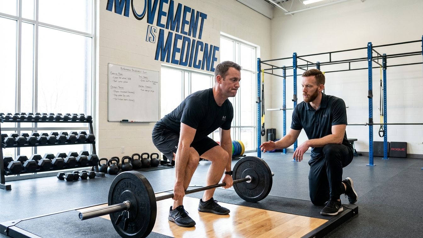 Physical therapist working one-on-one with active patient performing functional movement assessment at Athletes' Potential in Decatur, GA