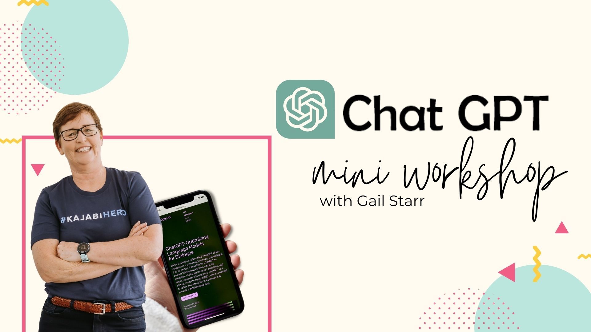 Gail Starr with a cellphone mock up and the chat GPT logo