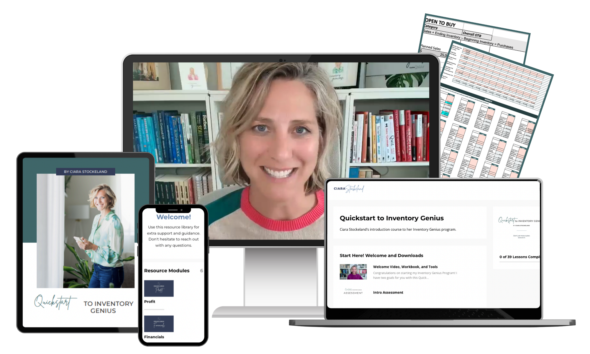 Digital mockup of the Inventory Genius Operating System (IGOS) displayed on a desktop, laptop, tablet, and smartphone, featuring course modules and inventory management spreadsheets.