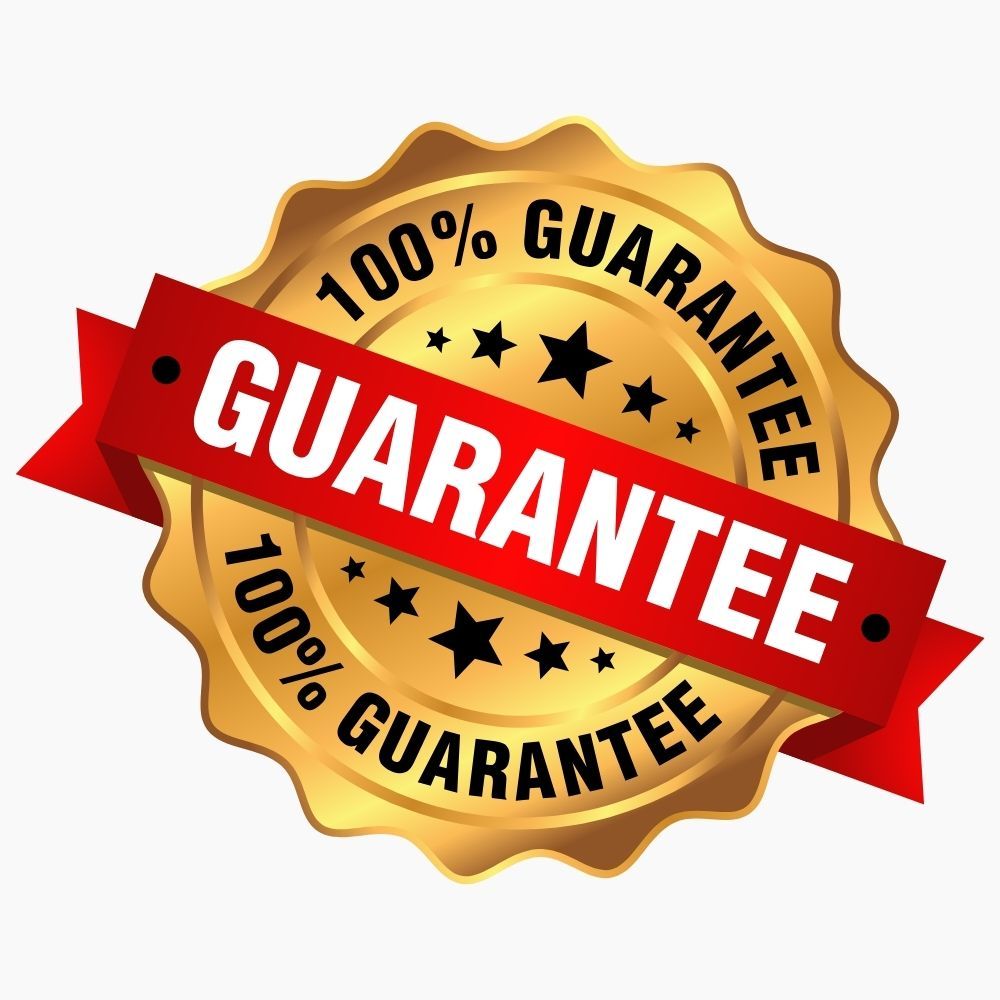 100% Satisfaction Guarantee gold seal badge with a red ribbon.