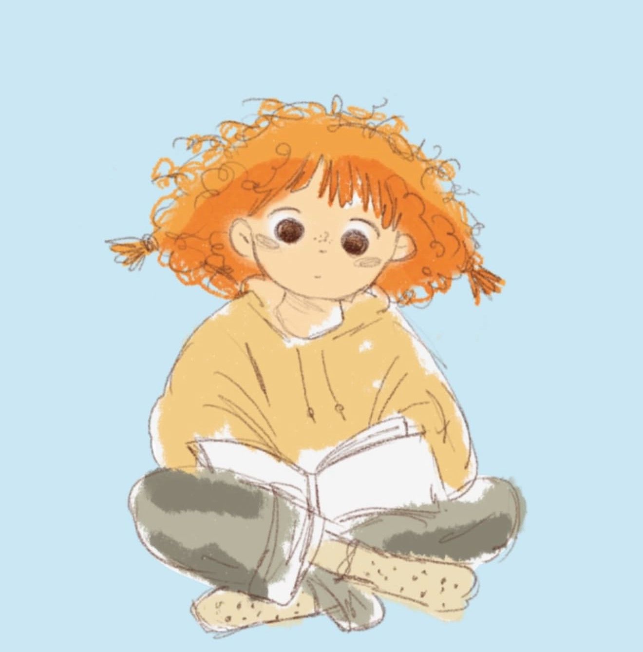 Yara — a curious girl with curly orange hair reading a book
