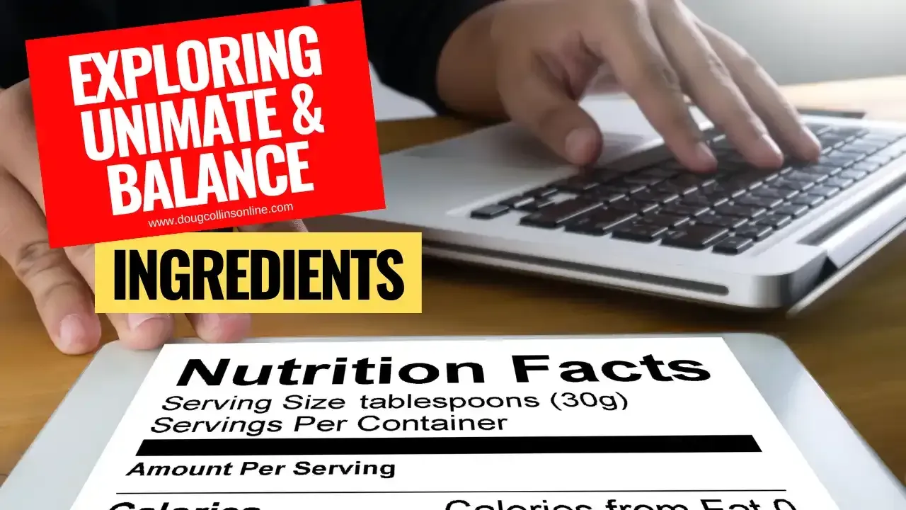 A hand navigating a laptop, researching the Feel Great System ingredients, with a visible nutrition facts label on the screen. Overlay text reads 'Exploring Unimate and Balance Ingredients.