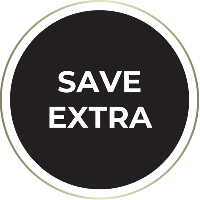 black circle with white text inside saying save extra