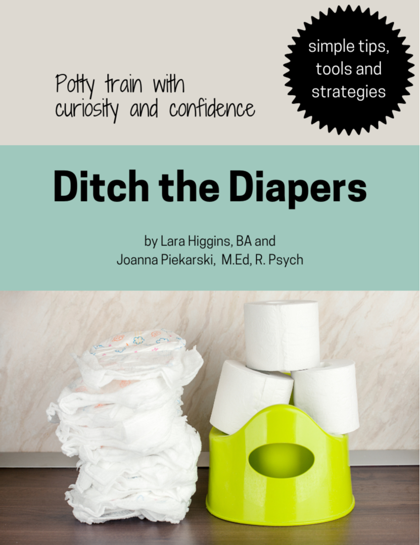 Cover of book Ditch the Diapers with diapers, green potty with toilet paper on top, and tag line potty train with curiosity and confidence