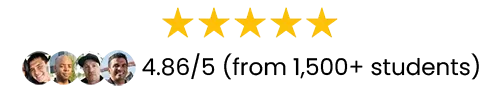 Testimonial graphic showing five stars, four client headshots, and Blaine's 4.83/5 score from 1,000+ students