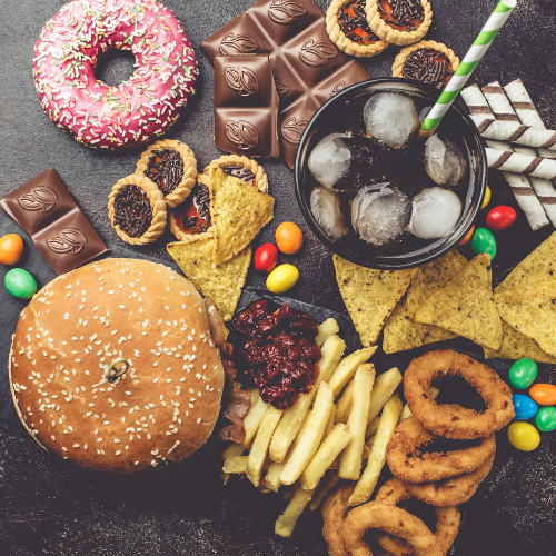 A mix of nutritionaly unhealthy high-fat, high-sugar snackes