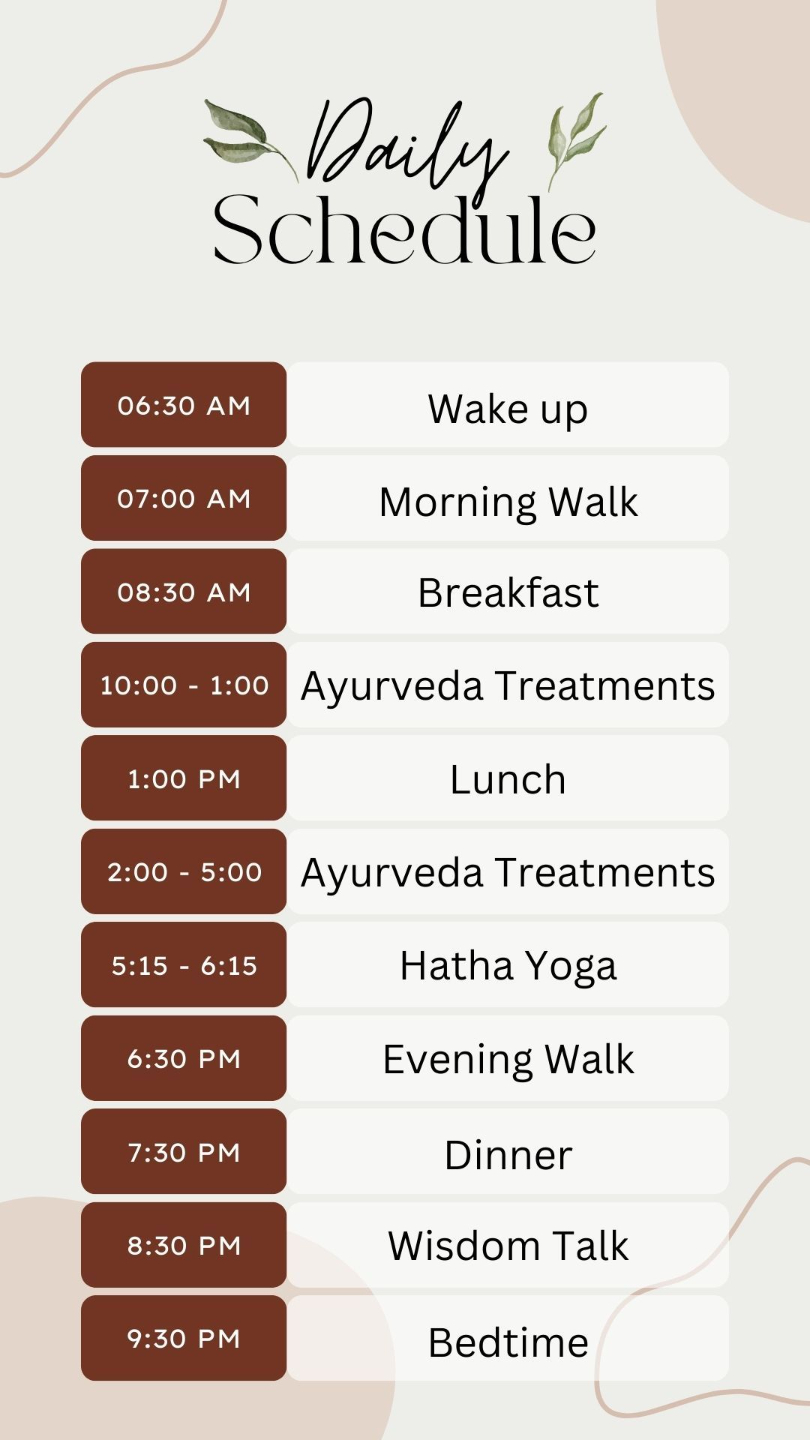 Daily Schedule for Ayurveda Retreat w/Chitra Sukhu