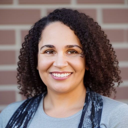 Danielle is a beautiful black woman with shoulder-length curly dark brown hair, framed against an outdoor brick wall backdrop. Her grey shirt and vibrant blue and white scarf add a touch of style