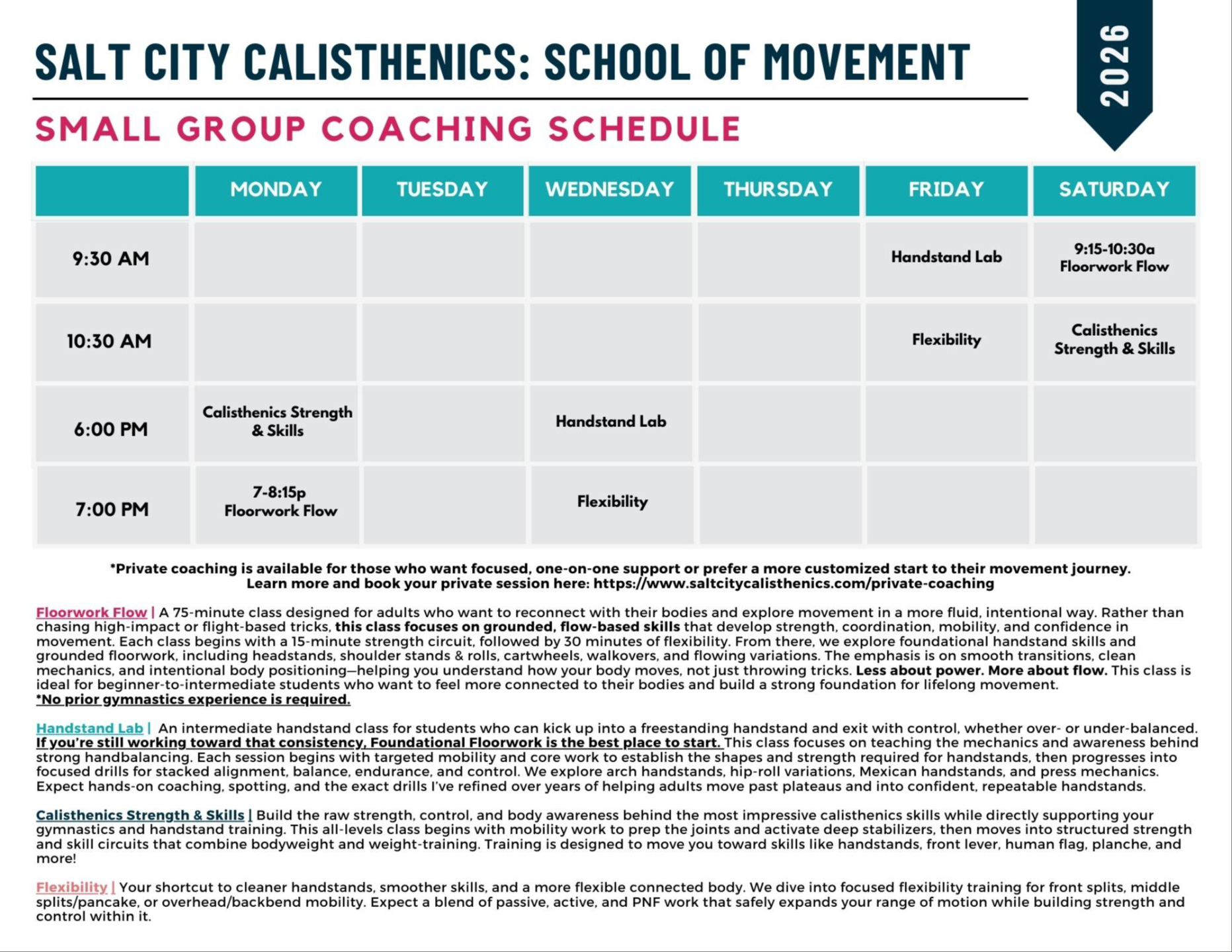 Adult Gymnastics: Beginner Floor Tricks | Ready to unleash your inner gymnast? This class is all about building strength, flexibility, and confidence while mastering essential gymnastics floor tricks! We’ll work on beginner-friendly skills like headstands, handstands, cartwheels, round-offs, aerials, walkovers, and even handsprings! Whether you’re brand new or brushing up on old skills, this class will have you feeling strong, flexible, and forever young!  Calisthenics Skills | An all-levels class for anyone eager to work toward those awe-inspiring calisthenics moves— human flag, planche, dragon flag, front/back levers, pistol squats, and handstands! Whether you're just starting out or leveling up, this class provides regressions and progressions for EVERY SKILL, giving you the tools to safely and effectively build strength, mobility, and control. Get ready to work on the skills you've always dreamed of—no matter your starting point!  Walkover Workshop | Ready to level up your bridges, backbends, and walkovers? This class is your one-stop-shop for building the strength, mobility, and technique needed for beautiful front and back walkovers! We’ll spend the first half of class unlocking shoulder, spine, and hip flexibility with targeted stretches, and the second half diving into drills, kickovers, and spotted walkover progressions. Whether you’re a total beginner or fine-tuning your form, this class will help you bend, kick, and flow with confidence!  Handstand Lab: A Progressive Series for Mastering Handstands | This 4-week series is for those ready to take their handstand practice to the next level! Each week, we’ll focus on a different handstand element to accelerate your progress—Handstand Foundations: Finding the Float, Balance vs. Counter-Balance, Arch Handstands, and Hip Roll & Press Handstands. *Prerequisite: Must be able to hold a free-standing handstand & safely cartwheel out. If you’re just beginning your handstand journey, I recommend starting with my Adult Gymnastics class.