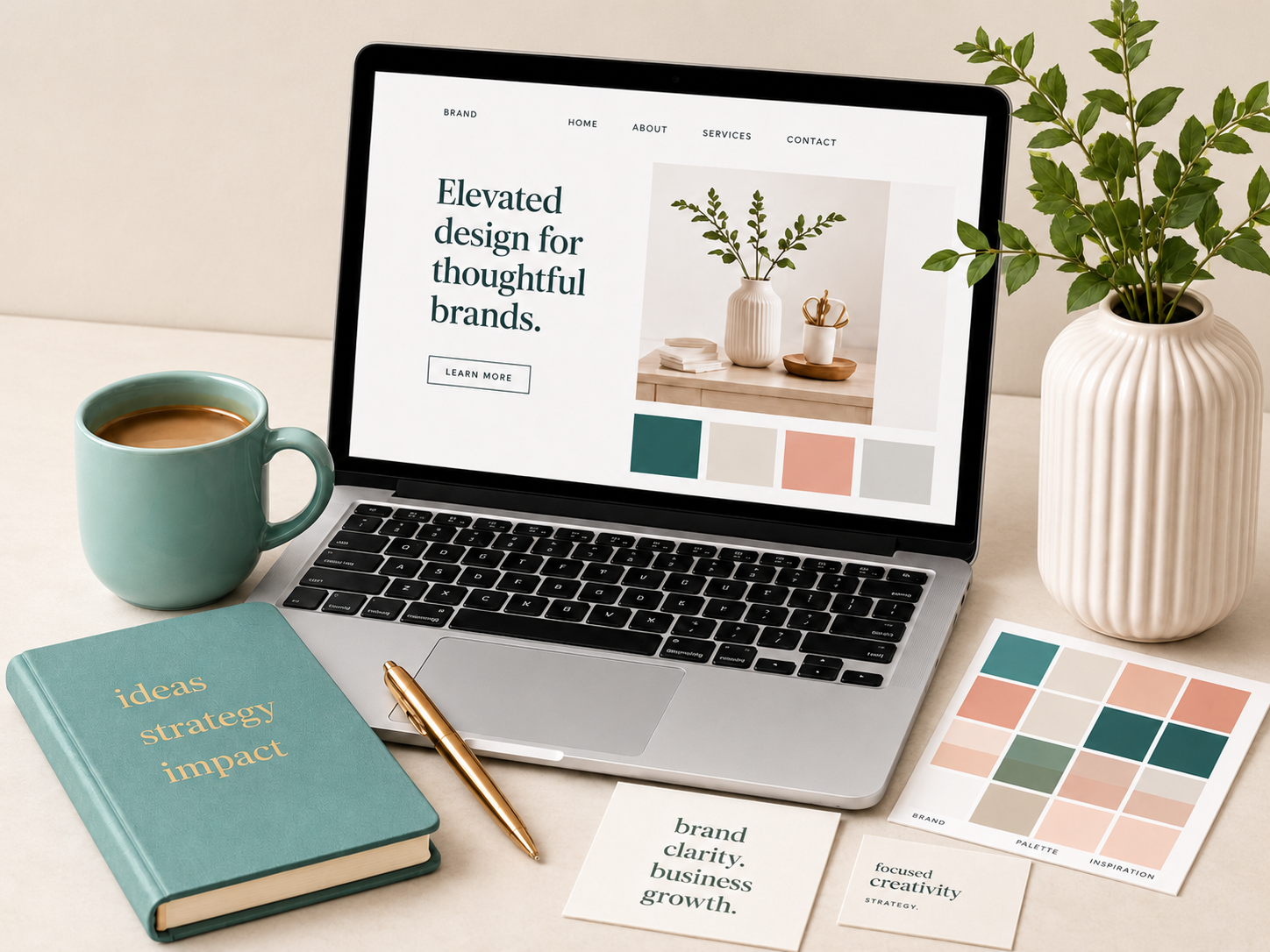 laptop and desk set up with branding design elements