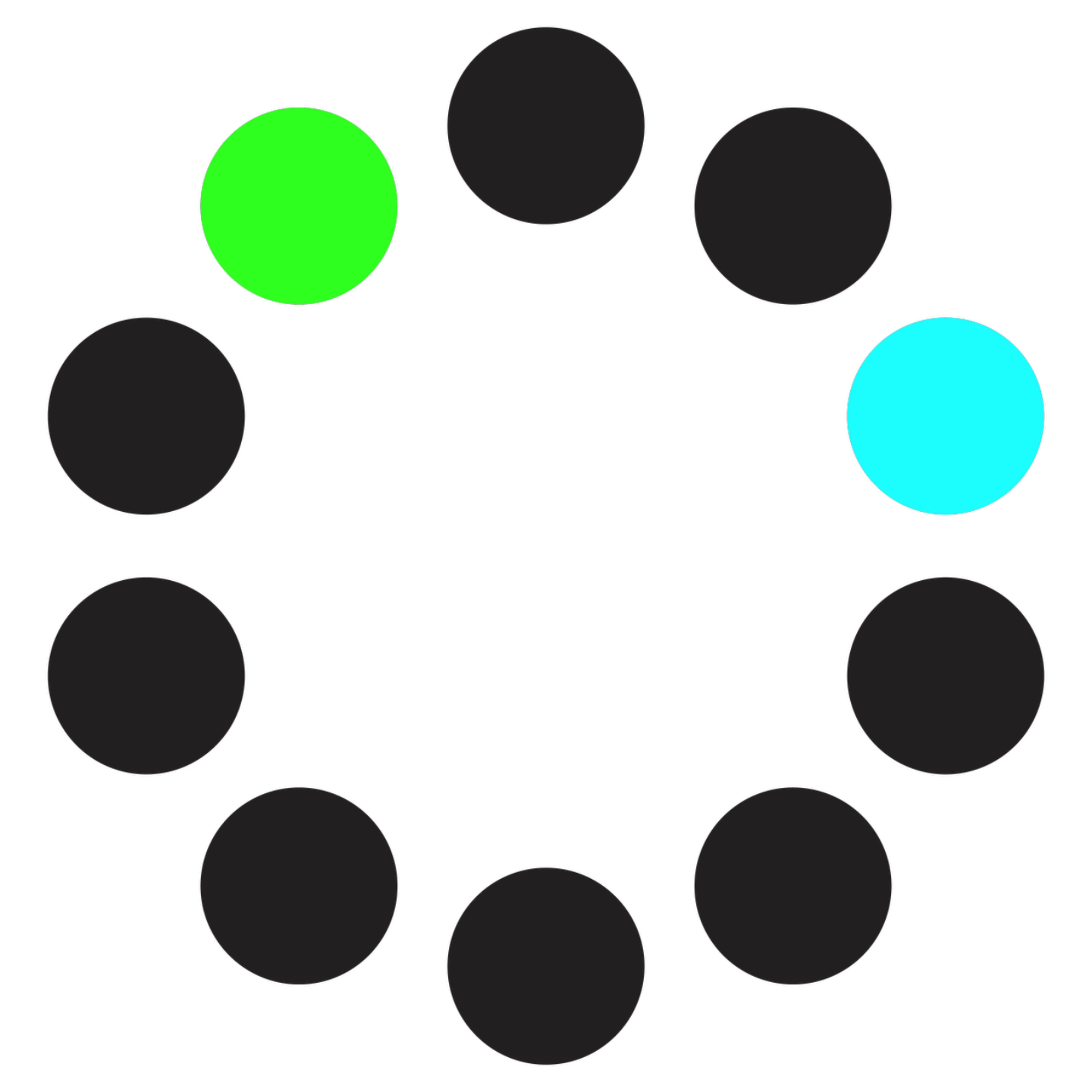 Ten dots positioned in a circle formation, with two of the dots in green and light blue with the others black to symbolise one in five people being neurodivergent