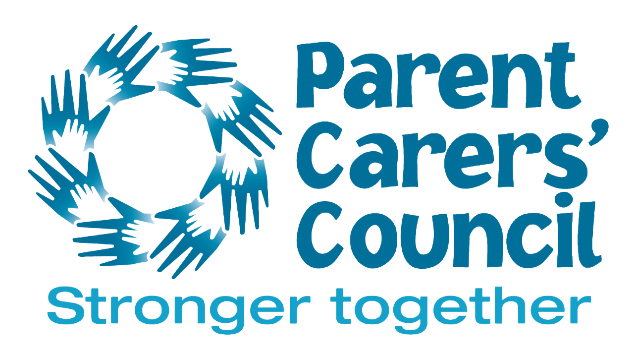 Parent Carers' Council logo with this wording and an icon eight hand icons positioned in a circle. The tagline of 'Stronger together' is below the logo