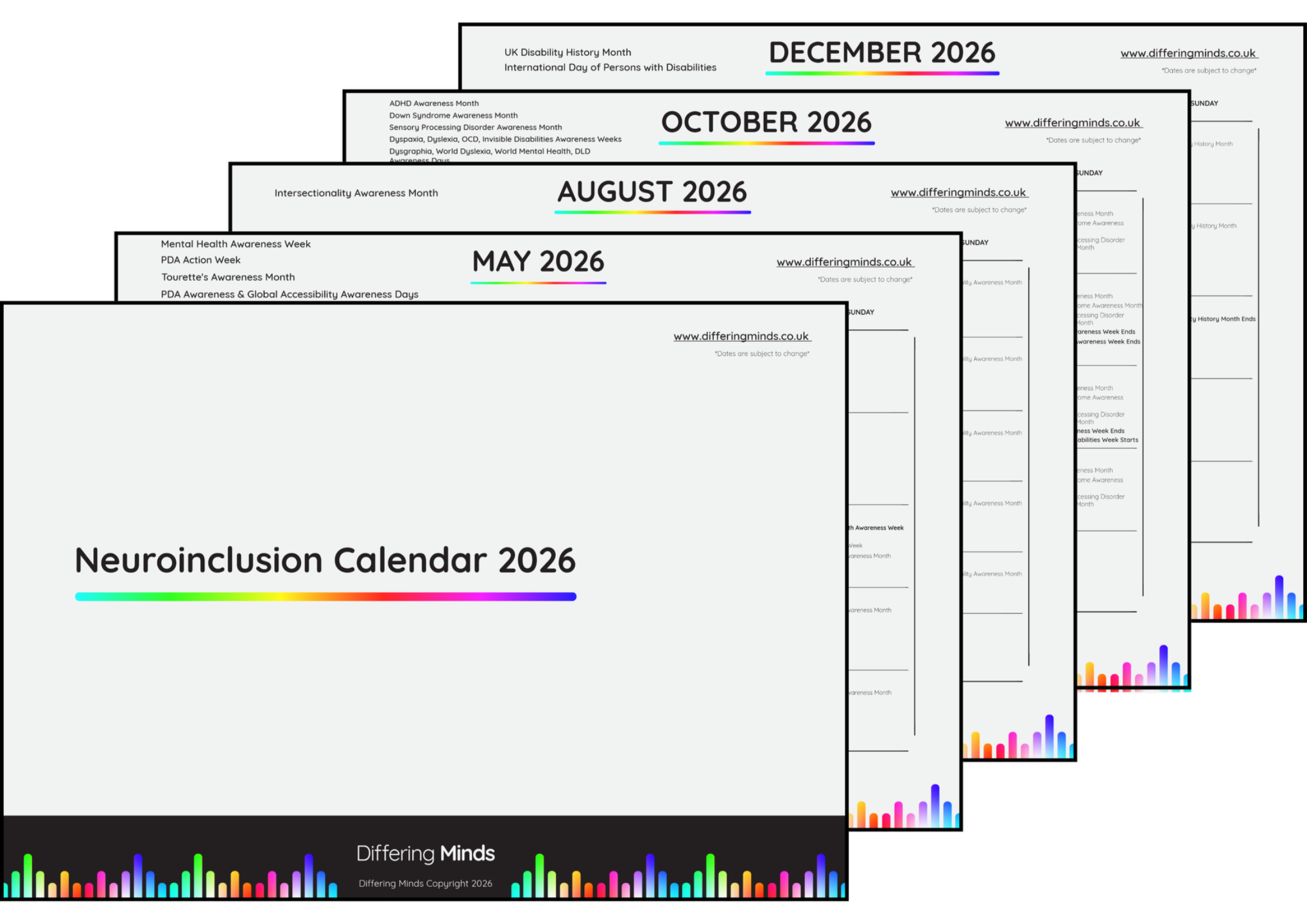 A series of stacked pages from our neuroinclusion calendar