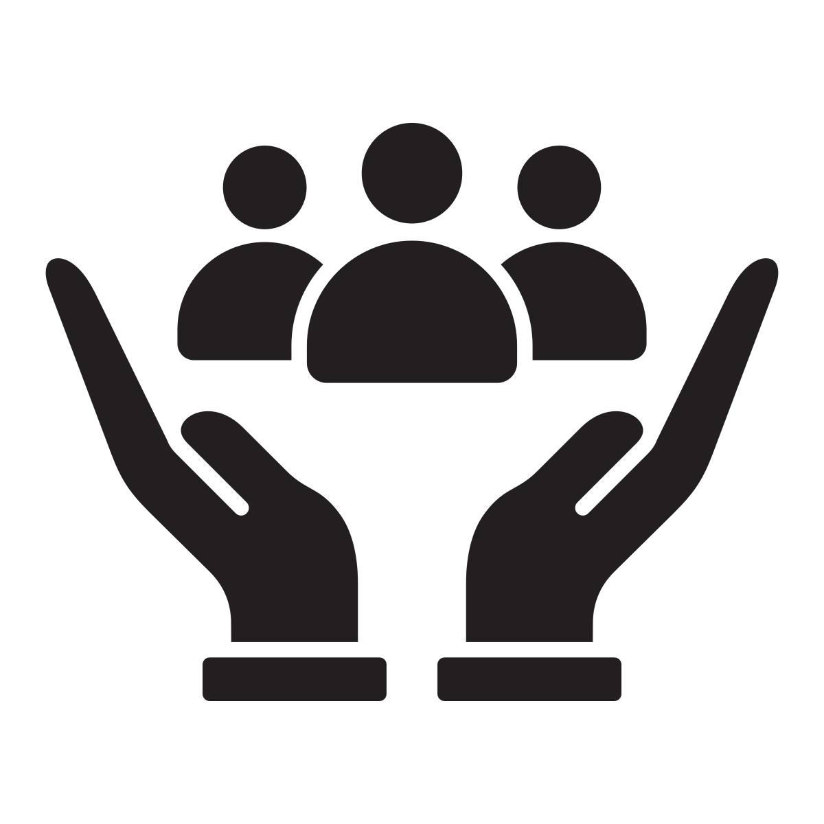 An icon of a pair of hands supporting icons of three people