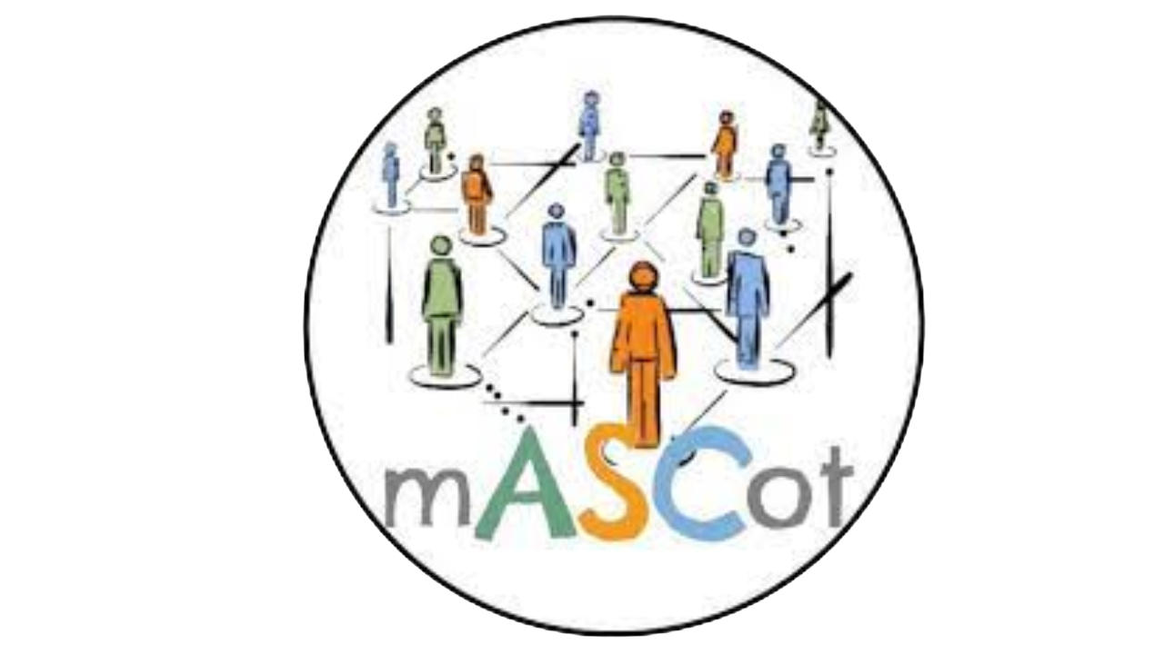 mASCot logo which is a circle that contains icons of people of varying sizes due to the perspective of where they are positioned, and some of the people are 'connected' by short thin lines. The word 'mASCot' appears at the bottom of the circle