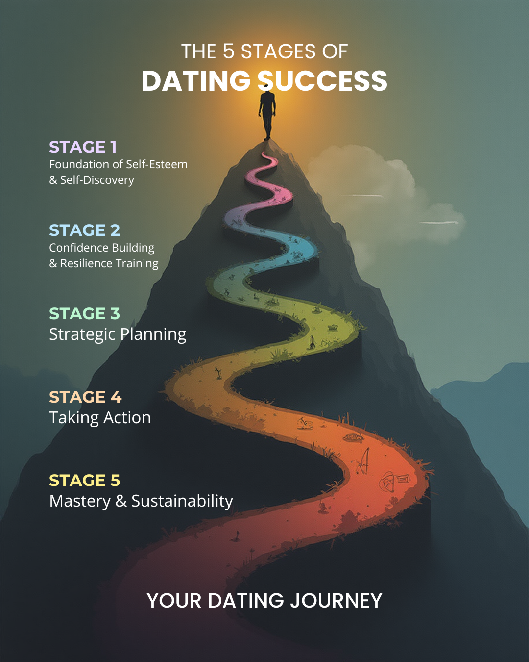 Colorful path displaying the five stages of dating.