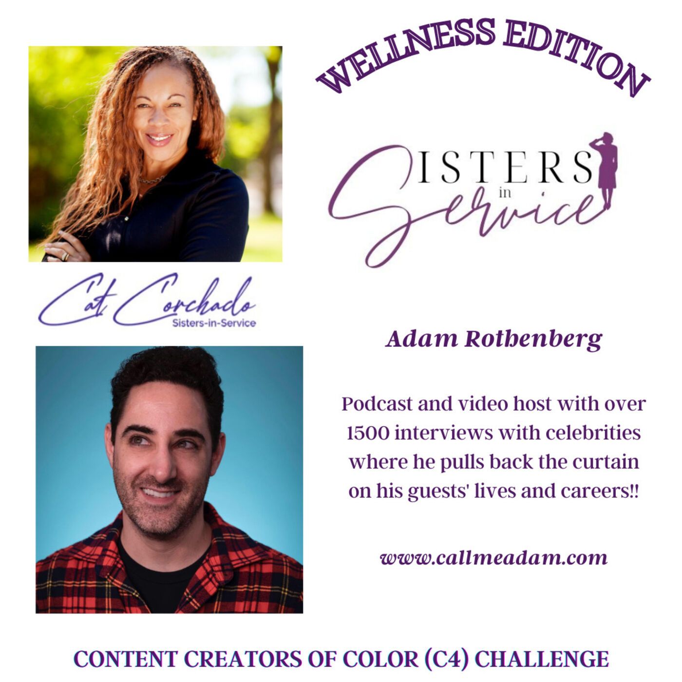 Headshots of Adam Rothenberg & Sisters in Service Podcast Host Cat Corchado