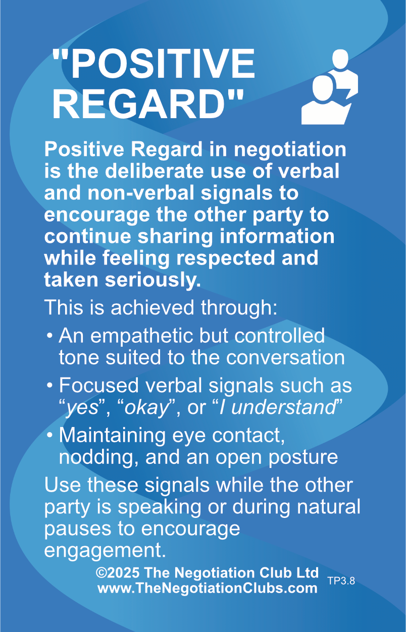 A negotiation tactic card that describes using Positive Regards as a tactic in a negotiation