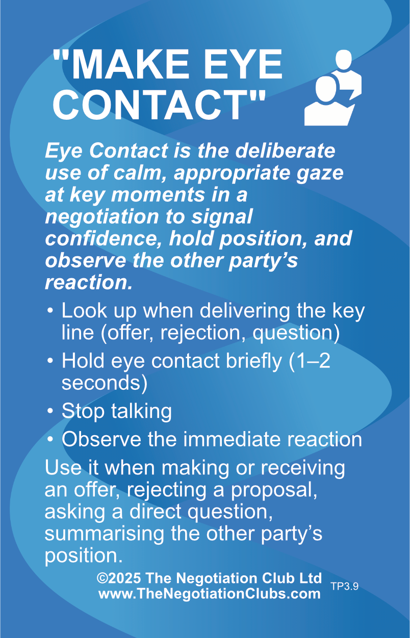 Negotiator holding calm eye contact after delivering an offer and pausing