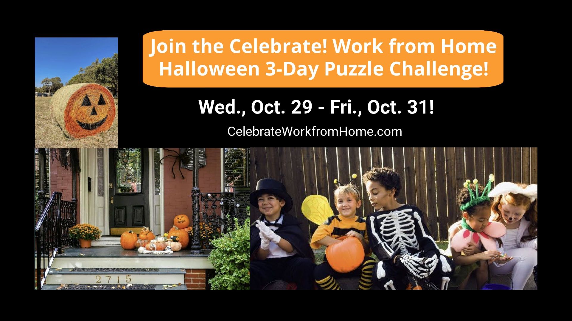 Collage of Halloween puzzle pictures and message about joining the Celebrate! Halloween 3-Day Puzzle Challenge