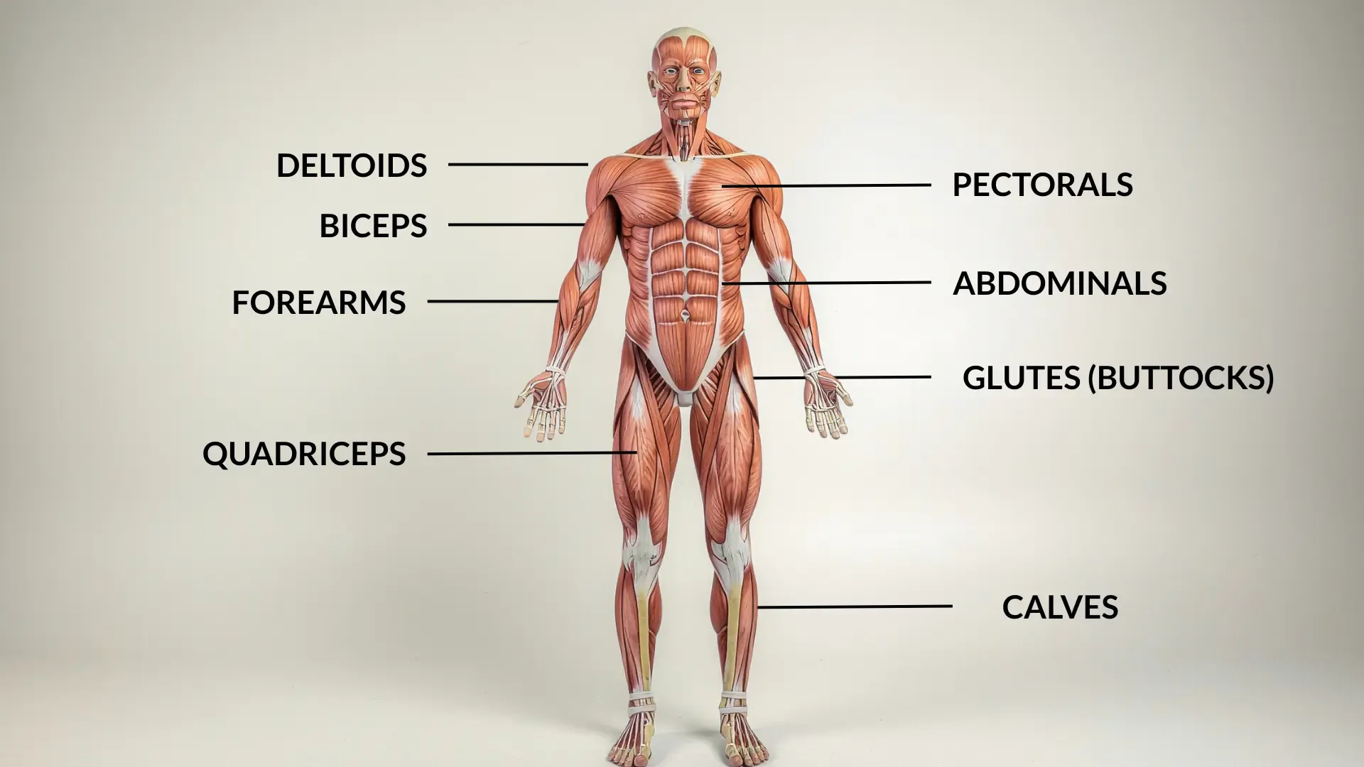 Anterior view of the male human anatomy displaying the major surface muscle groups, including the Deltoids, Pectorals, Biceps, Abdominals, Obliques, Forearms, Quadriceps, Hip Flexors, Adductors, Glutes, Hamstrings, and Calves, suitable for a Muscle Group Identifier tool.