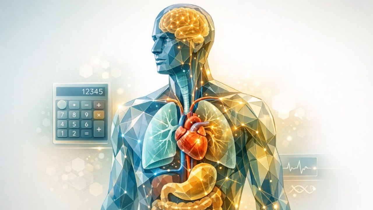 Digital representation of the human torso and head showing the brain, lungs, heart, and digestive organs connected by geometric lines, next to a calculator with the display 