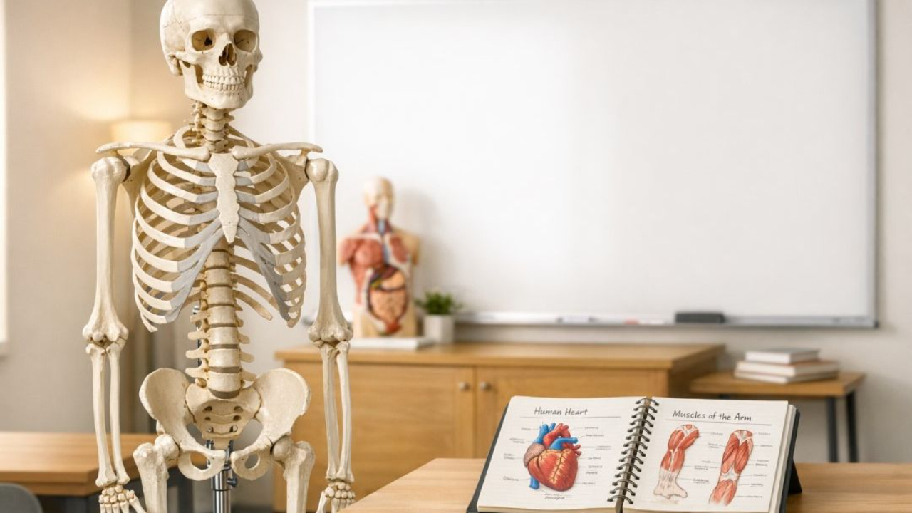 A life-sized human skeleton model stands in a classroom setting with a blank whiteboard and an open anatomy book displaying illustrations of the 