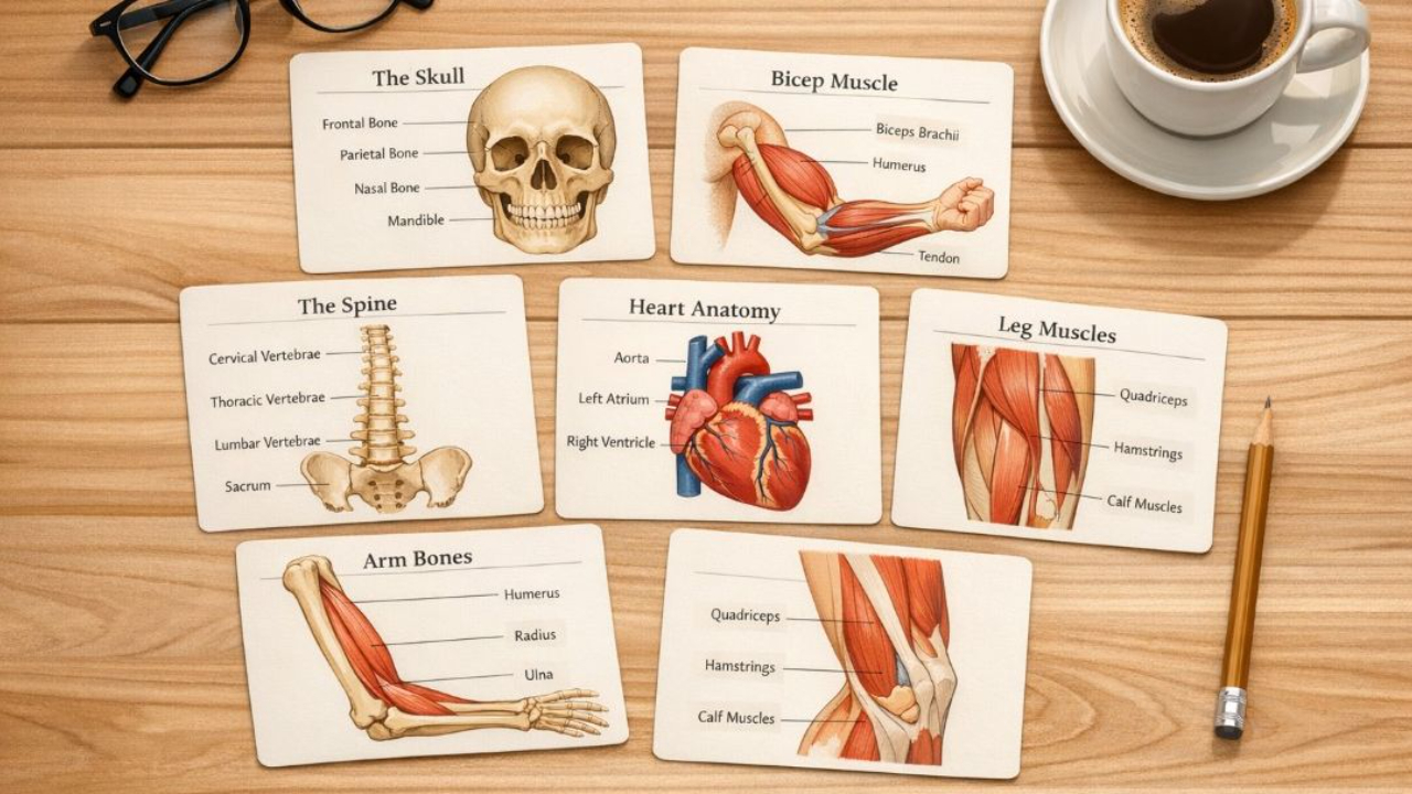 Seven anatomy flashcards showing illustrations of The Skull, Bicep Muscle, The Spine, Heart Anatomy, Leg Muscles, and Arm Bones, laid out on a wooden desk next to a cup of coffee, a pencil, and reading glasses, representing an Anatomy Flashcard Maker.
