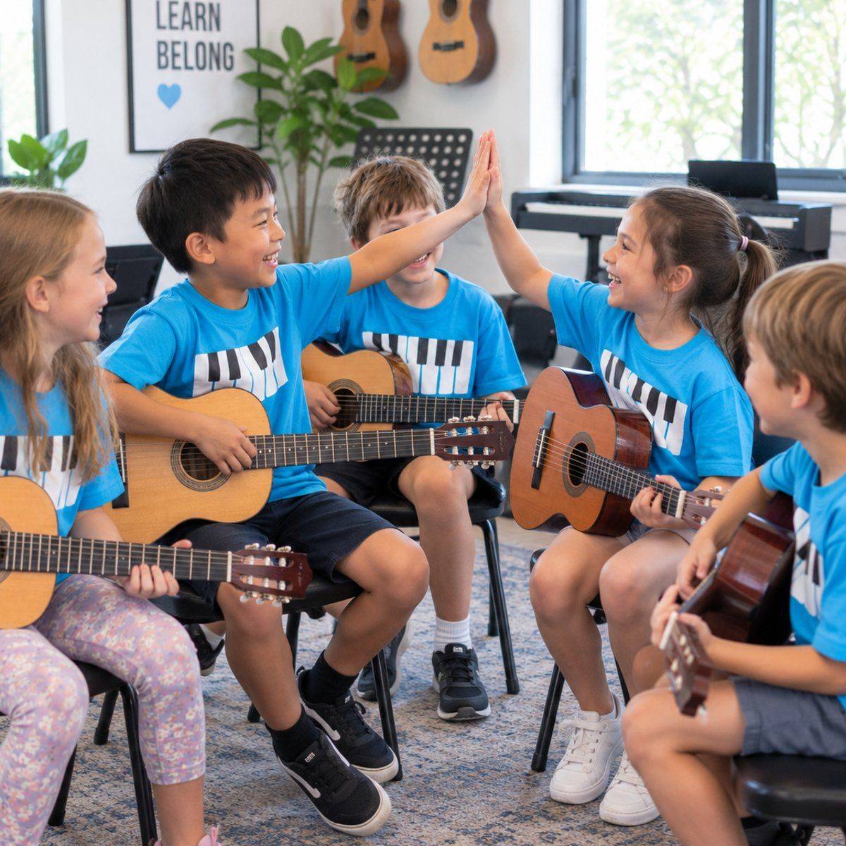 Group guitar class high-fiving in a circle