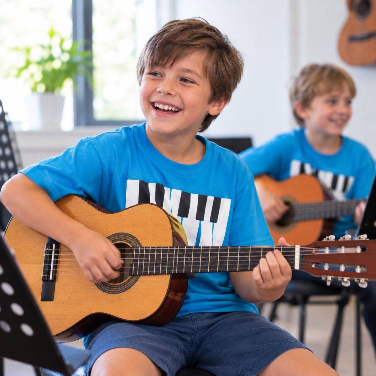 Smiling boy playing guitar in a bright classroom