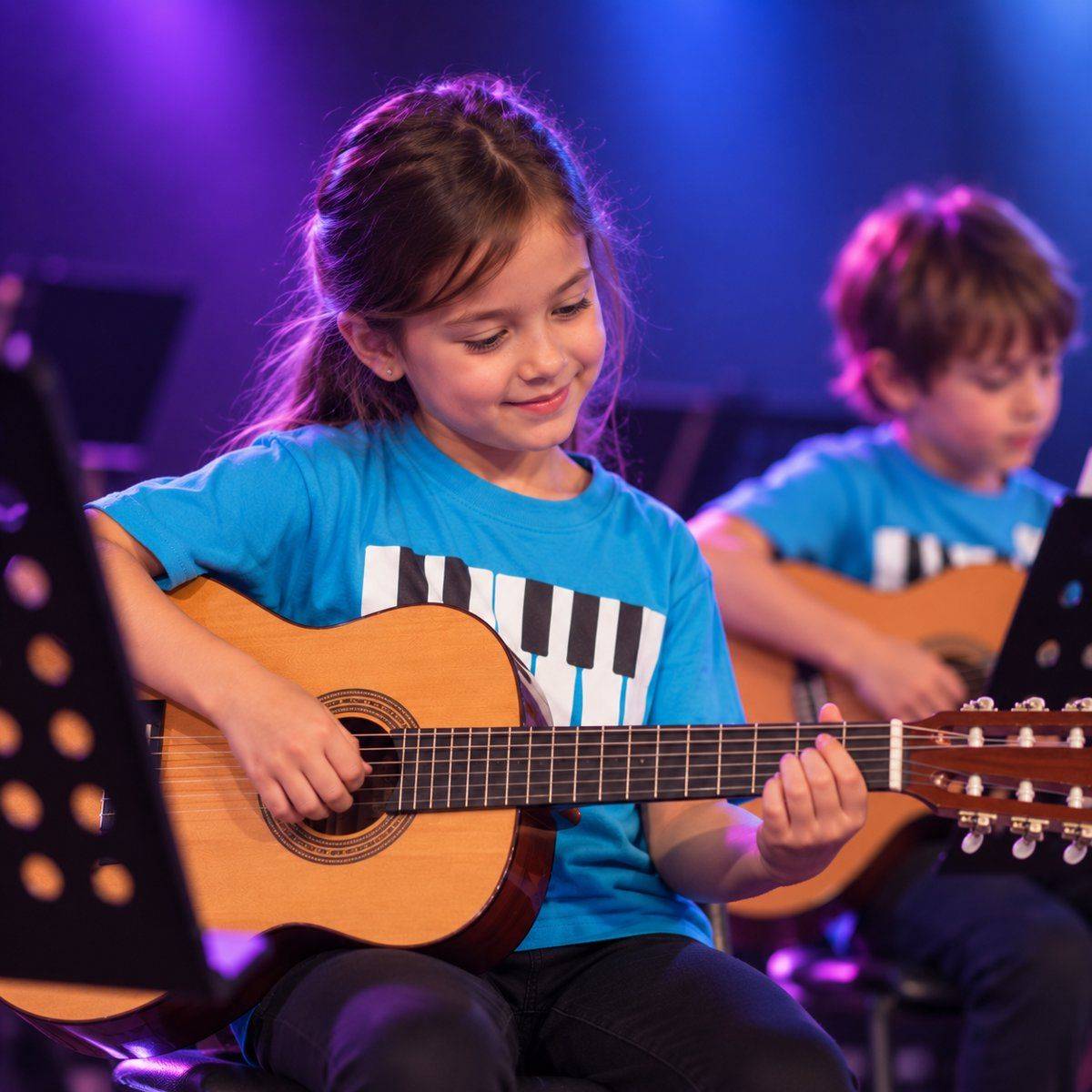 Girl playing guitar on stage in a Guitar Stars class