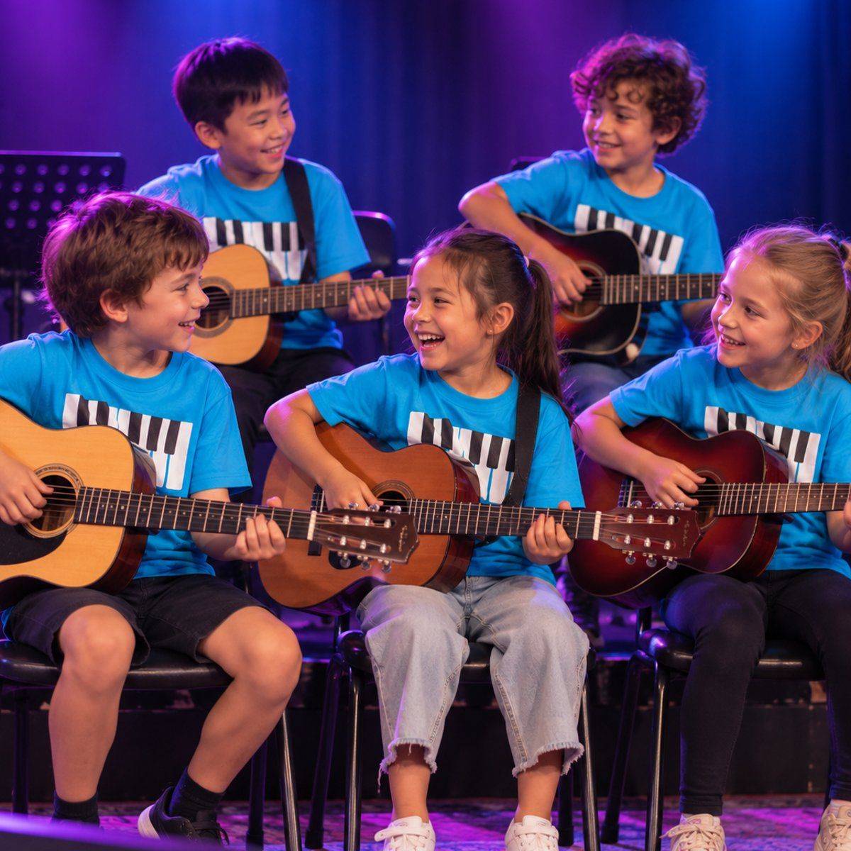 Group of students playing guitar together on stage