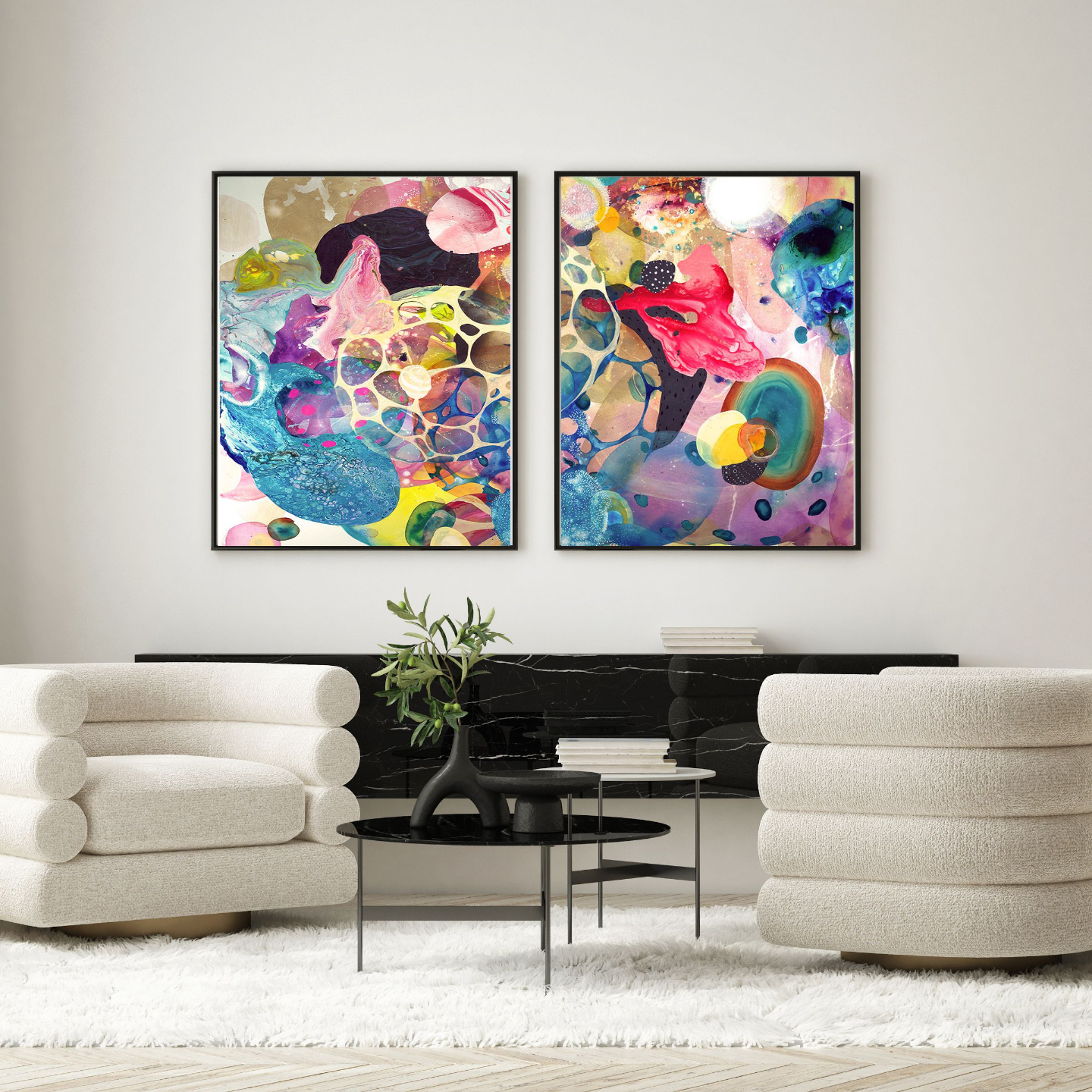 Colorful painting by Amanda Krantz (altered to fit image) in a bright white contemporary living room