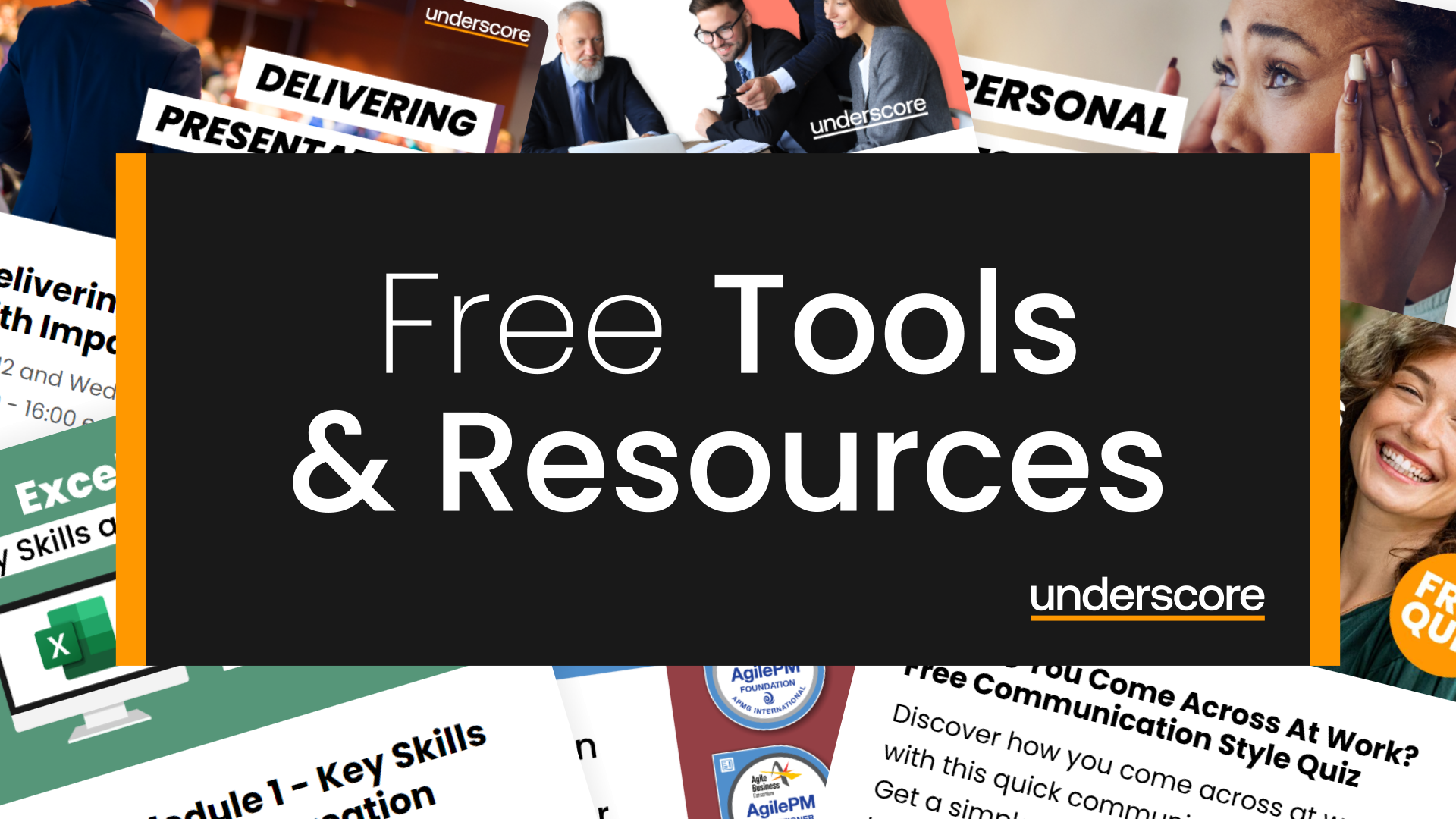 Underscore Group graphic showing a bright orange toolbox labelled ‘Free’ with the words ‘Tools & Resources’ promoting free workplace tools and resources.