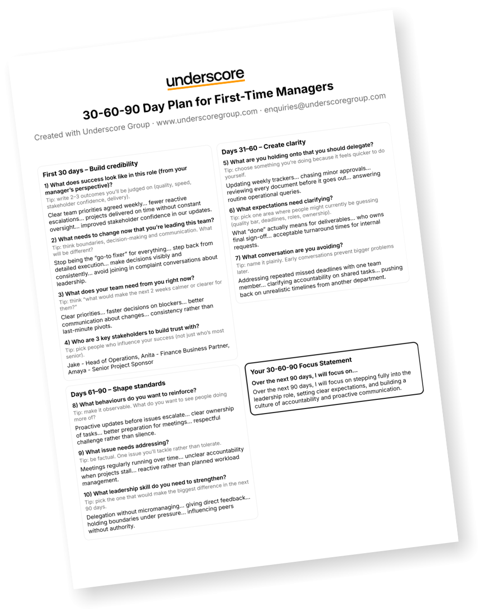 Image of a completed 30-60-90 day plan for first-time managers by Underscore