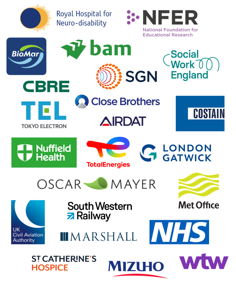 Logos of organisations trained by Underscore Group, including NHS, CBRE, Nuffield Health, London Gatwick, Close Brothers, TotalEnergies, BAM, NFER, RHN and more.