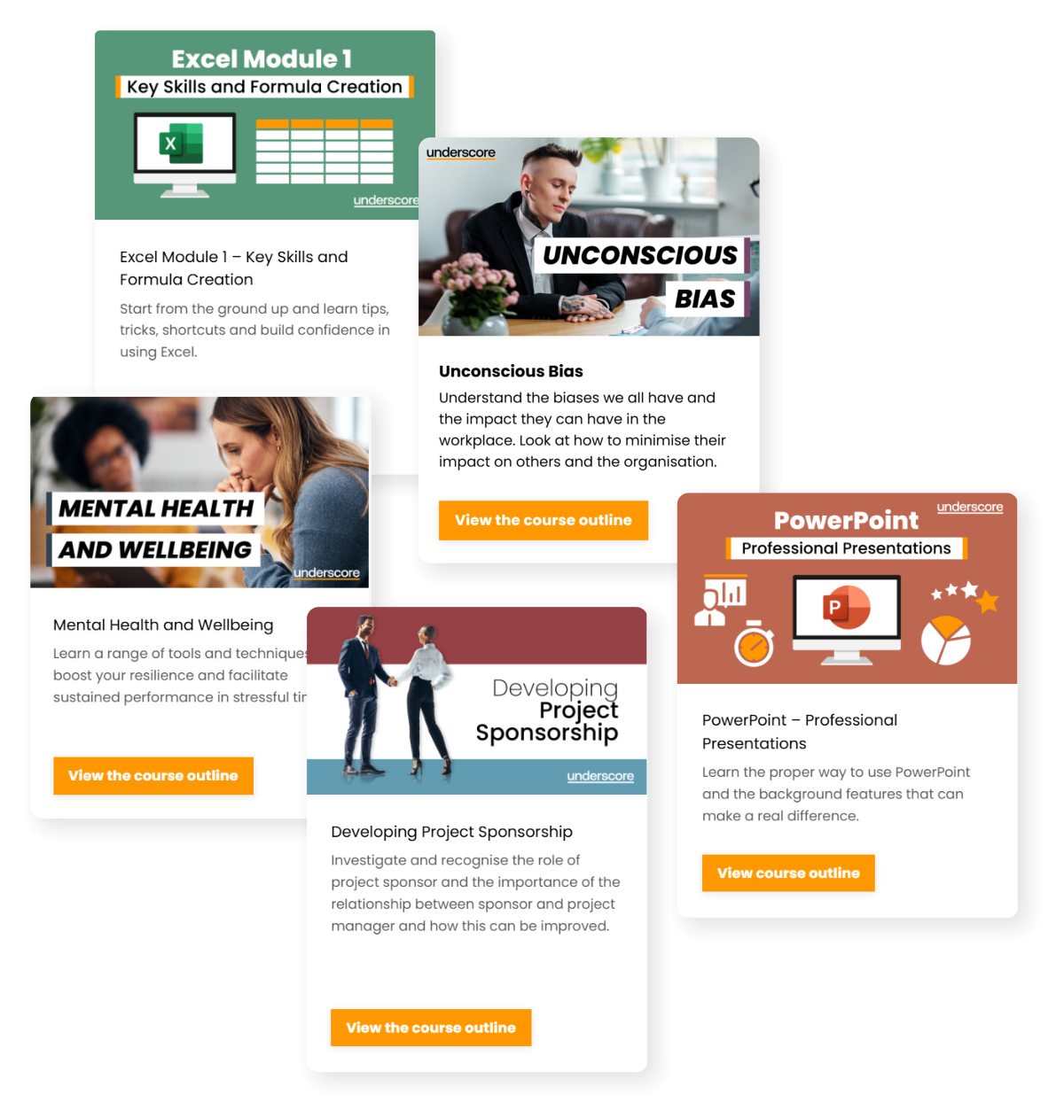 Selection of Underscore Group training courses covering Excel, PowerPoint, Unconscious Bias, Mental Health and Wellbeing and Project Sponsorship, available virtually and onsite.