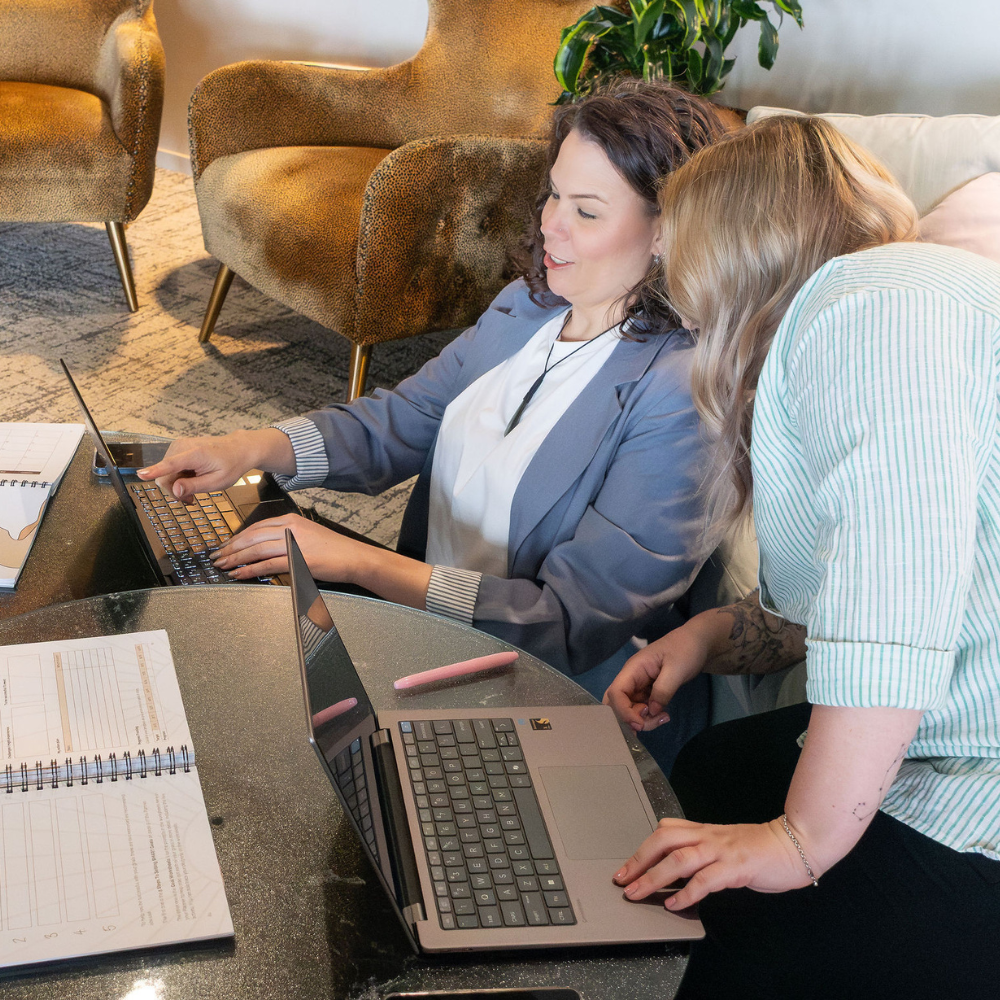 Marianne & Toyah showing things on a laptop