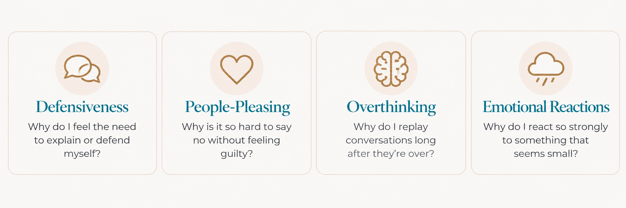Four illustrated cards exploring common emotional reactions: defensiveness, people-pleasing, overthinking, and strong emotional responses. Part of Megan Babcock’s self-leadership coaching approach to understanding emotional triggers, uncovering hidden patterns, and building healthier relationships.