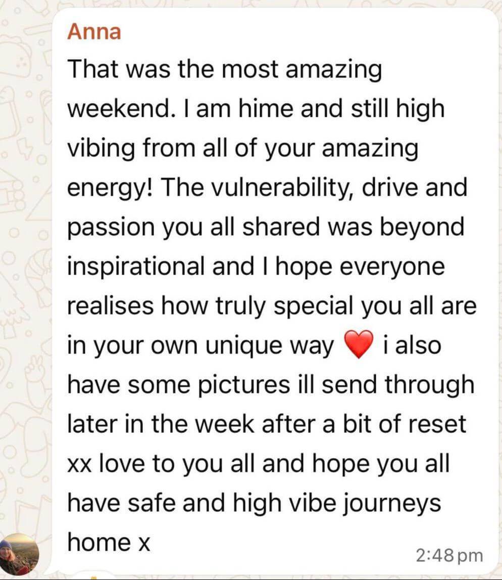 student testimonial Anna happy of the mastery sound retreat feeling, feeling inspired and loved