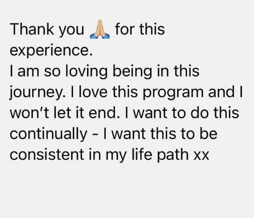 Screenshot of a student testimonial thanking Kirsty for a transformational experience and expressing a desire to continue the healing journey.