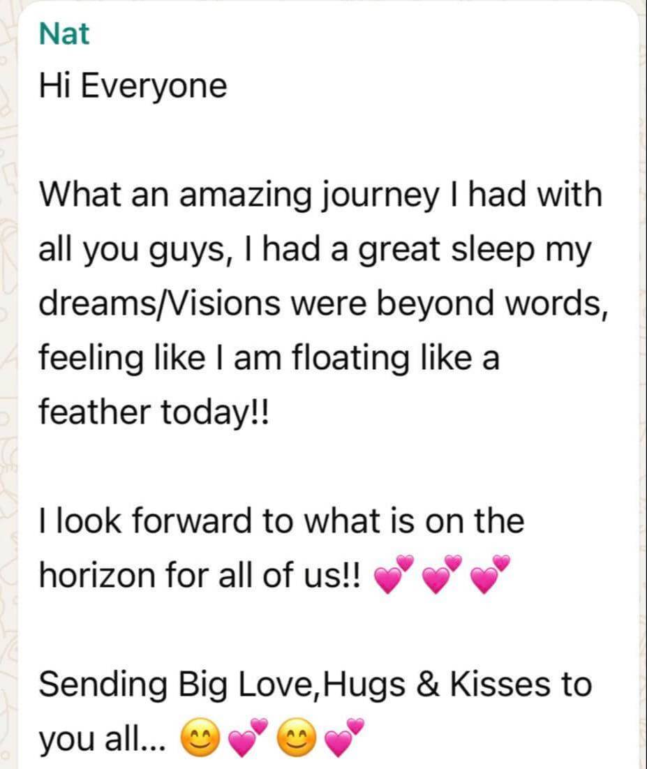 student testimonial Nat, feeling relaxed and did have a great sleep after the sound heals mastery retreat