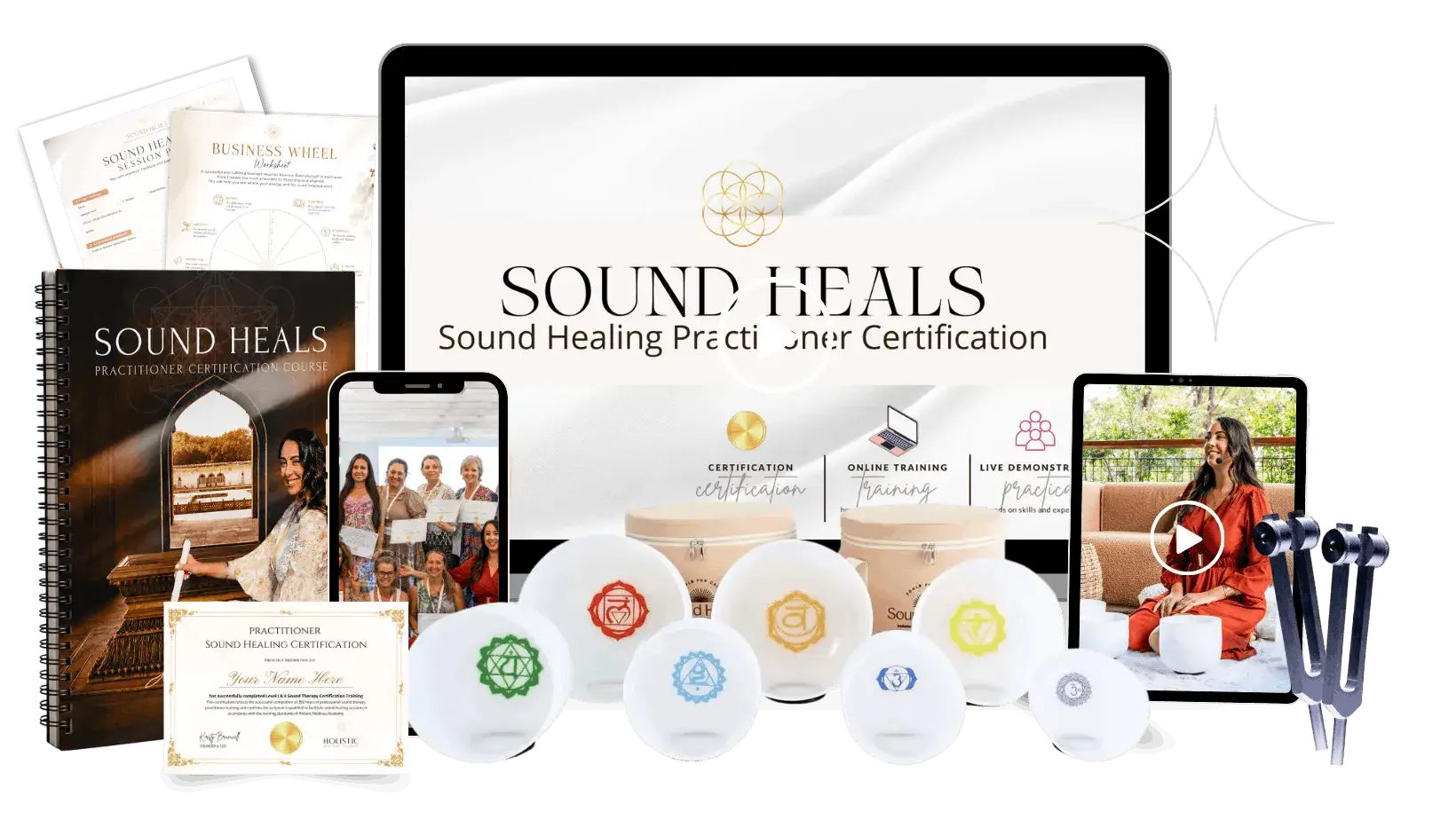 Accredited Sound Healing Practitioner Certification online training course with practitioner manual, workbook and digital learning resources