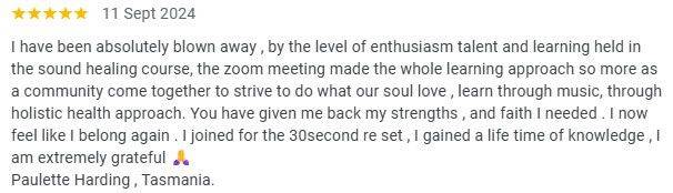student testimonial: 5-star review from September 11, 2024 describing the Sound Healing Course as life-changing, highlighting the supportive community, holistic approach, and renewed confidence.
