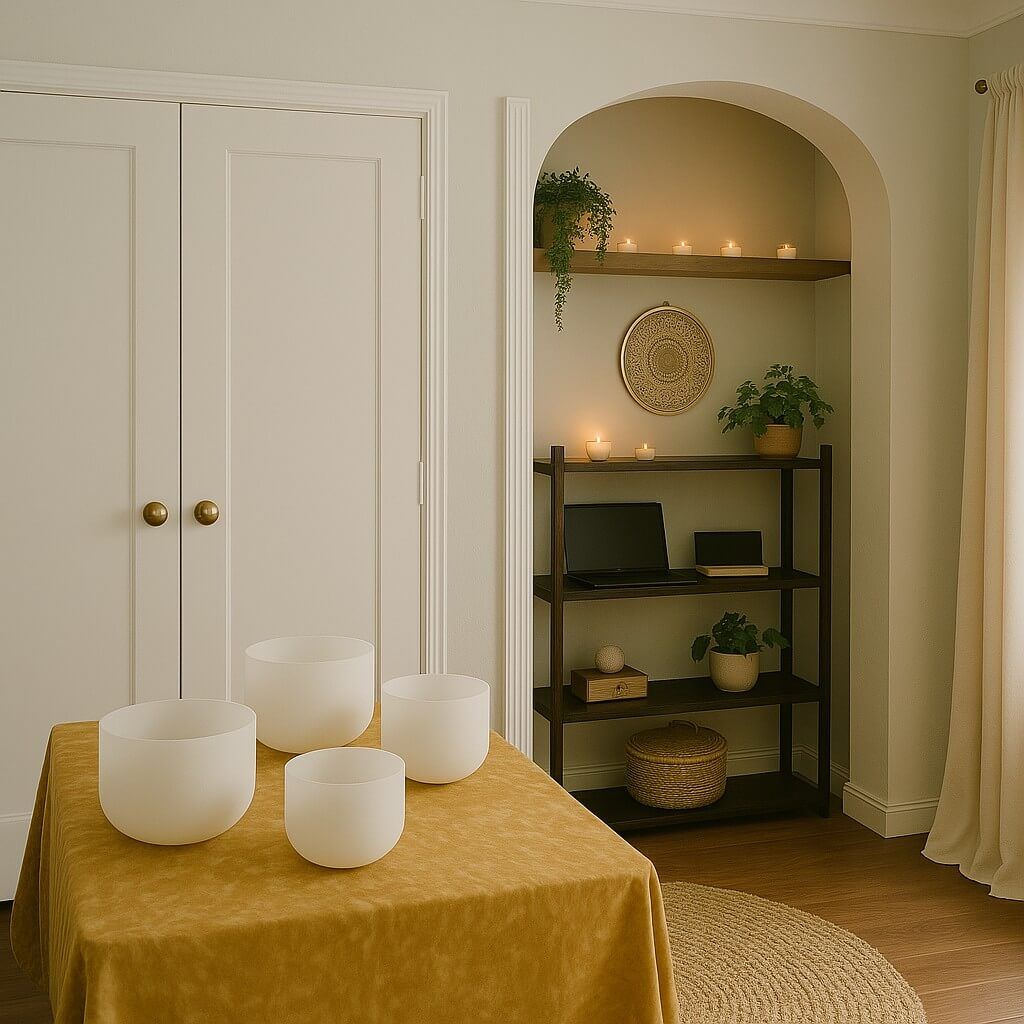 Crystal singing bowls used in a sound healing certification course