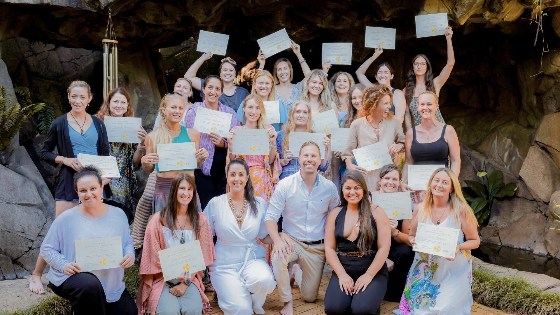 Sound healing students celebrating their certification with Kirsty Bramwell