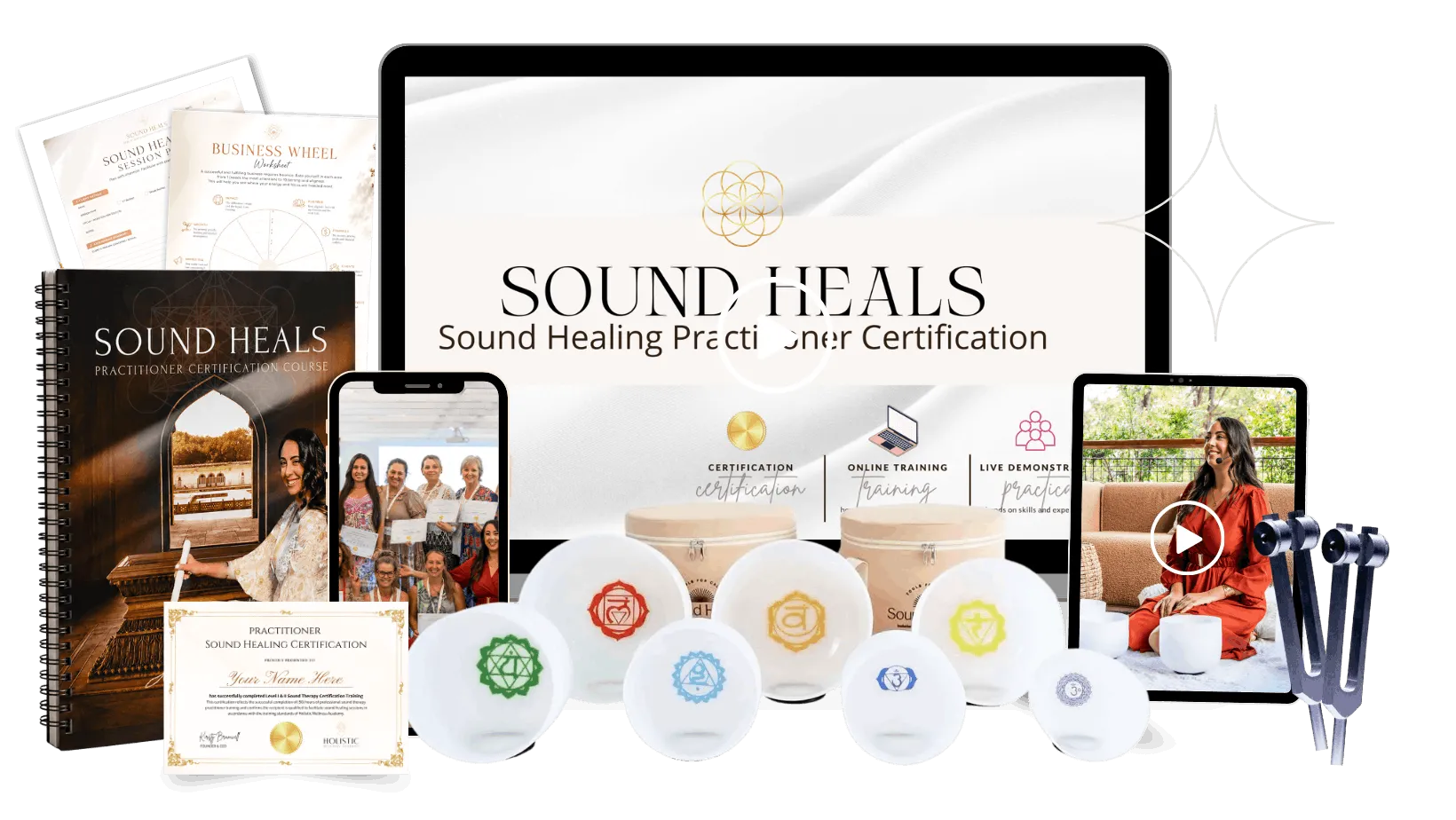 Accredited Sound Healing Practitioner Certification online training course with practitioner manual, workbook and digital learning resources