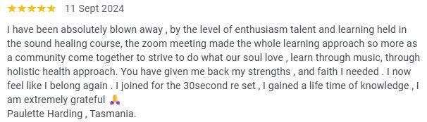 student testimonial: 5-star review from September 11, 2024 describing the Sound Healing Course as life-changing, highlighting the supportive community, holistic approach, and renewed confidence.