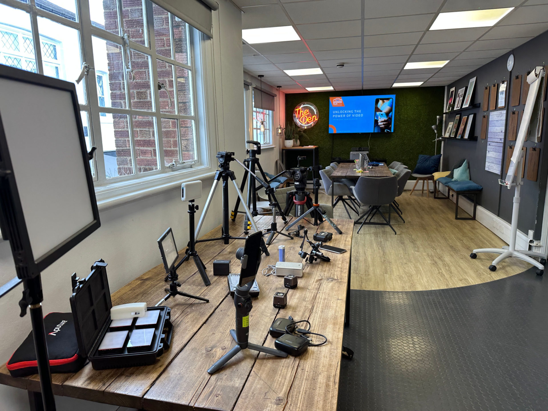 Workshop room set up and ready for a Business Film School Smartphone Video Training workshop in Hertfordshire