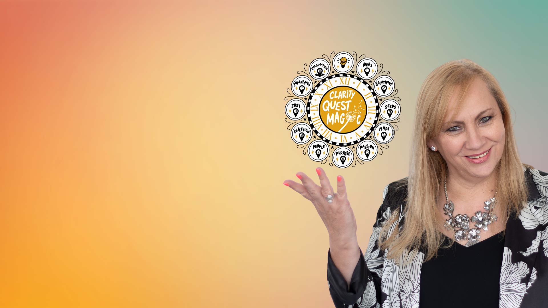 Ann English with hand up holding Clarity Quest Magic Clock